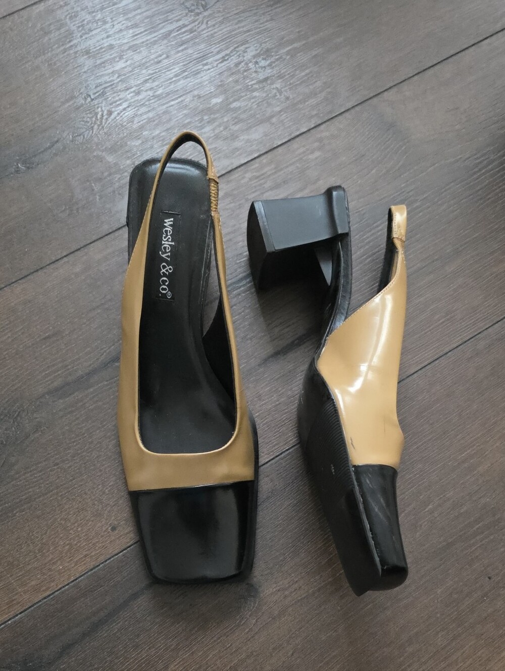 Wesley & Co. Vintage Two-Tone Slingback Block Heel in Tan and Black